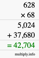 How to calculate 628 times 68 using long multiplication