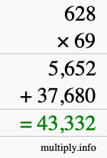 How to calculate 628 times 69 using long multiplication