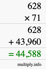 How to calculate 628 times 71 using long multiplication