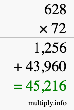 How to calculate 628 times 72 using long multiplication