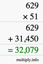 How to calculate 629 times 51 using long multiplication