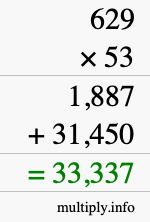 How to calculate 629 times 53 using long multiplication