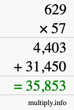 How to calculate 629 times 57 using long multiplication