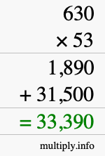 How to calculate 630 times 53 using long multiplication