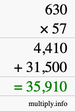 How to calculate 630 times 57 using long multiplication