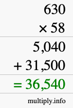 How to calculate 630 times 58 using long multiplication