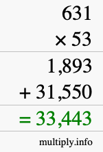 How to calculate 631 times 53 using long multiplication