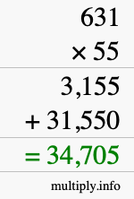How to calculate 631 times 55 using long multiplication How to calculate 631 times 55 using long multiplication