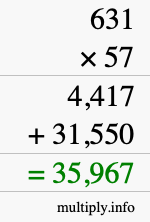 How to calculate 631 times 57 using long multiplication