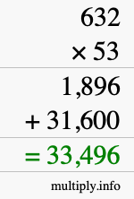 How to calculate 632 times 53 using long multiplication