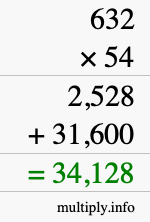 How to calculate 632 times 54 using long multiplication