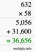 How to calculate 632 times 58 using long multiplication