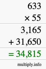 How to calculate 633 times 55 using long multiplication