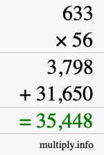 How to calculate 633 times 56 using long multiplication