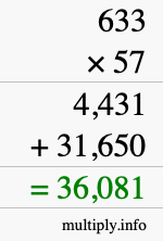 How to calculate 633 times 57 using long multiplication