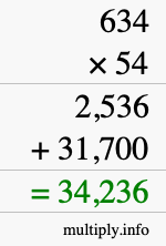 How to calculate 634 times 54 using long multiplication