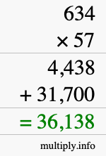 How to calculate 634 times 57 using long multiplication