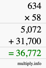 How to calculate 634 times 58 using long multiplication