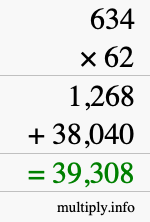 How to calculate 634 times 62 using long multiplication