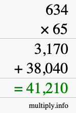 How to calculate 634 times 65 using long multiplication