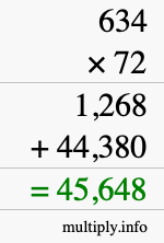 How to calculate 634 times 72 using long multiplication