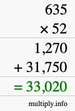 How to calculate 635 times 52 using long multiplication