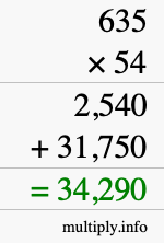 How to calculate 635 times 54 using long multiplication