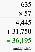 How to calculate 635 times 57 using long multiplication