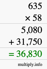 How to calculate 635 times 58 using long multiplication