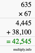 How to calculate 635 times 67 using long multiplication