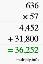 How to calculate 636 times 57 using long multiplication