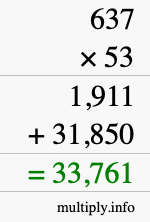 How to calculate 637 times 53 using long multiplication