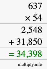 How to calculate 637 times 54 using long multiplication