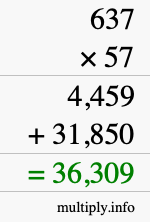 How to calculate 637 times 57 using long multiplication