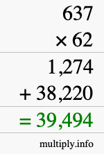 How to calculate 637 times 62 using long multiplication