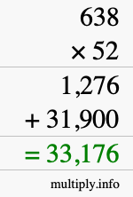 How to calculate 638 times 52 using long multiplication