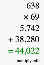 How to calculate 638 times 69 using long multiplication