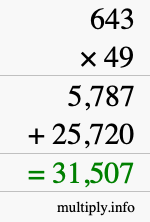 How to calculate 643 times 49 using long multiplication