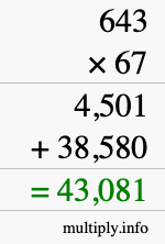 How to calculate 643 times 67 using long multiplication