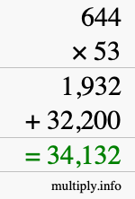 How to calculate 644 times 53 using long multiplication