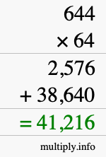 How to calculate 644 times 64 using long multiplication