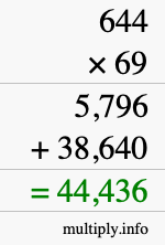 How to calculate 644 times 69 using long multiplication