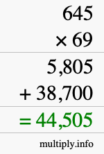 How to calculate 645 times 69 using long multiplication