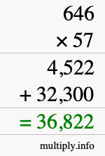 How to calculate 646 times 57 using long multiplication