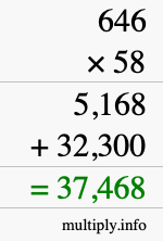 How to calculate 646 times 58 using long multiplication