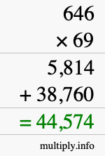 How to calculate 646 times 69 using long multiplication