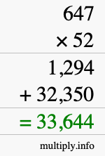 How to calculate 647 times 52 using long multiplication