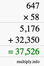 How to calculate 647 times 58 using long multiplication