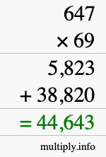 How to calculate 647 times 69 using long multiplication