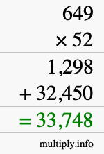 How to calculate 649 times 52 using long multiplication